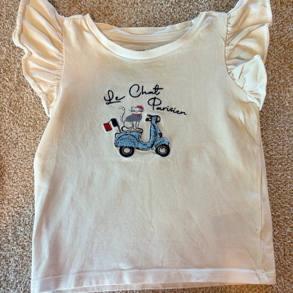 Janie & Jack “LE Chat Parisien” White Ruffle Sleeve Top